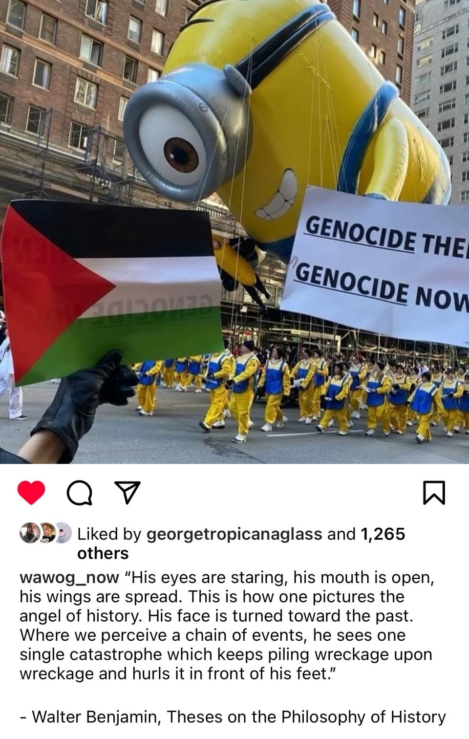 a photograph of a protest of the minions float in the macy's thanksgiving day parade holding signs of the palestinian flag and the text 